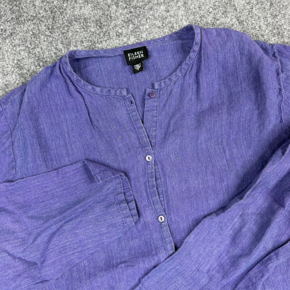 Eileen Fisher Irish Linen Blouse Womens Small Purple Band Collar Button Up Top